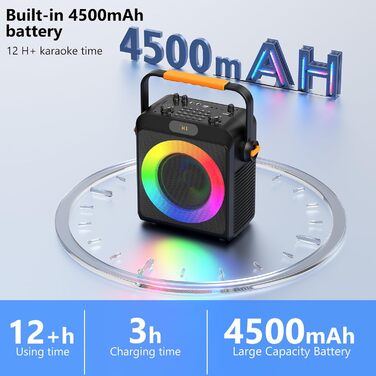 Караоке JYX з 2 мікрофонами, Bluetooth-колонкою та світловим шоу для дорослих та дітей. Портативна акустична система для дому та свят на природі, чорний колір