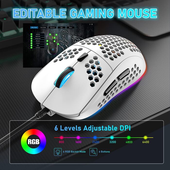 Ігрова клавіатура та миша UK-Layout з підсвічуванням RGB, 62 клавіші, механічна, 6400 DPI (чорний/червоний або білий/синій перемикач)