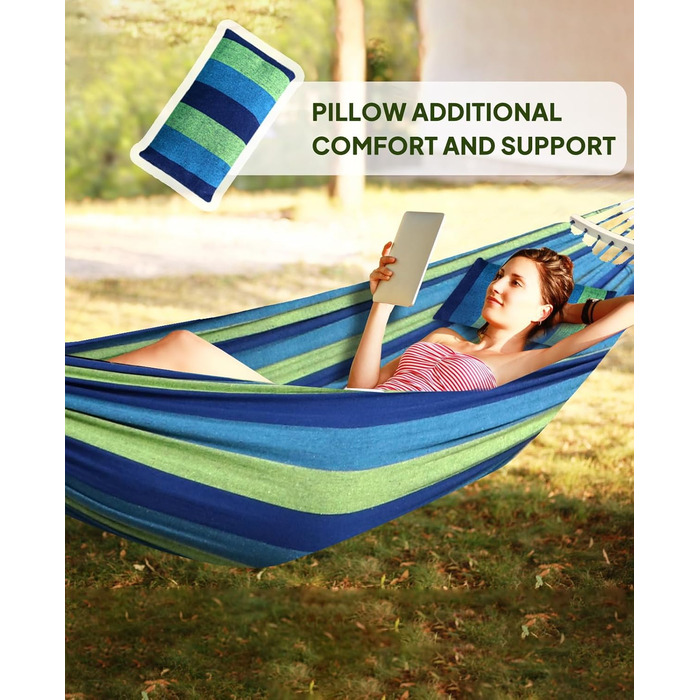 Гніздо-гамак для відпочинку з бавовни, 300x150 см, місткість до 300 кг, з кріпленнями та подушкою (блакитно-зелена смужка)