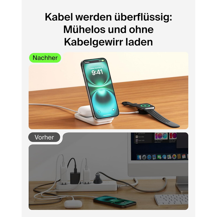 Беспроводная зарядка Belkin UltraCharge Qi 2.2 2-в-1 25W MagSafe сумісна для iPhone 17, iPhone Air, AirPods, Pixel – біла з USB-C адаптером 45W