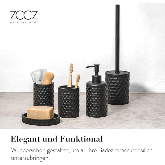 ZCCZ Bathroom Set – 5-Piece Organizer Set with Toilet Brush, Toothbrush Holder, Soap Dispenser, Soap Dish – Stylish Décor with Geometric Hexagon Pattern in Black for Modern Bathroom