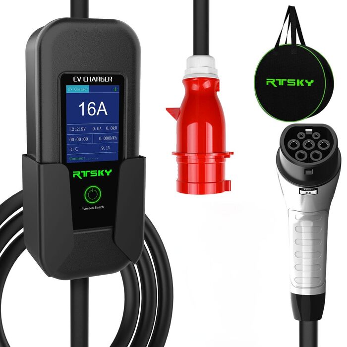 Мобільна зарядка для електромобіля 7 кВт, кабель CEE 32A, Type 2, 5м, 8-32A, з цифровим дисплеєм