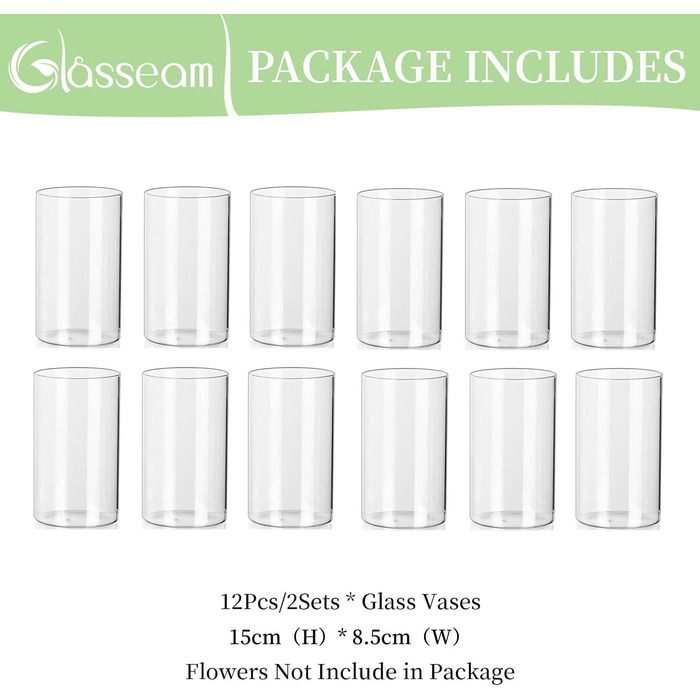 Скляна циліндрична ваза Glasseam для декору столу, прозора, сучасна, 10×8,5 см, для квітів і свічок, набір ваз для весілля, вітальні, 12–15 см