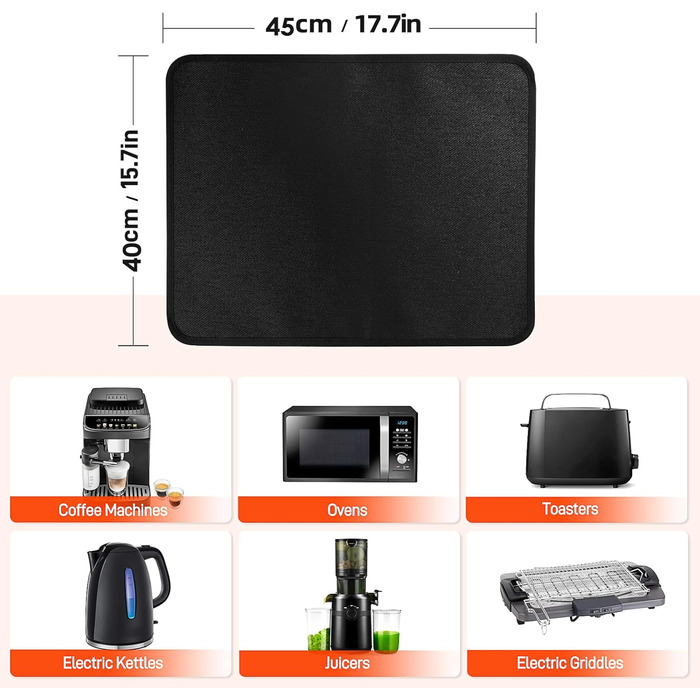 Термостійкий килимок 40 x 45 см - захист від нагріву для фритюрниці, стільниці, масло- та водовідштовхувальний, легко миється, чорний, 1 шт.