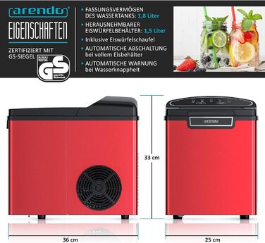 Stainless steel ice maker, ice cube maker, ice maker machine 1.8 Liter ice cube maker, ice cream machine with cooling, ice cube sizes small and large, status LEDs ABS BPA free, silver stainless steel (D: Red)