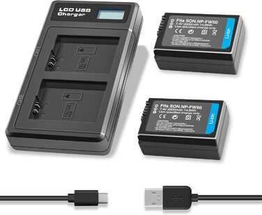 Акумулятор NP-FW50 2000mAh з LED-зарядним пристроєм для камер Sony Alpha A6000, A6500, A6400, A6300, A7, A7II, A7R, A7RII, A7S, A7SII, A7S2, RX10, NEX-3/5/7, 6000, 6400, ZV-E10 (2 шт.)