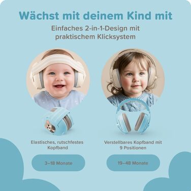Навушники шумоізоляційні дитячі 3-48 місяців - захист слуху для немовлят 25dB - надзвичайно м'які дитячі навушники з еластичним та регульованим обручем (Блакитний)