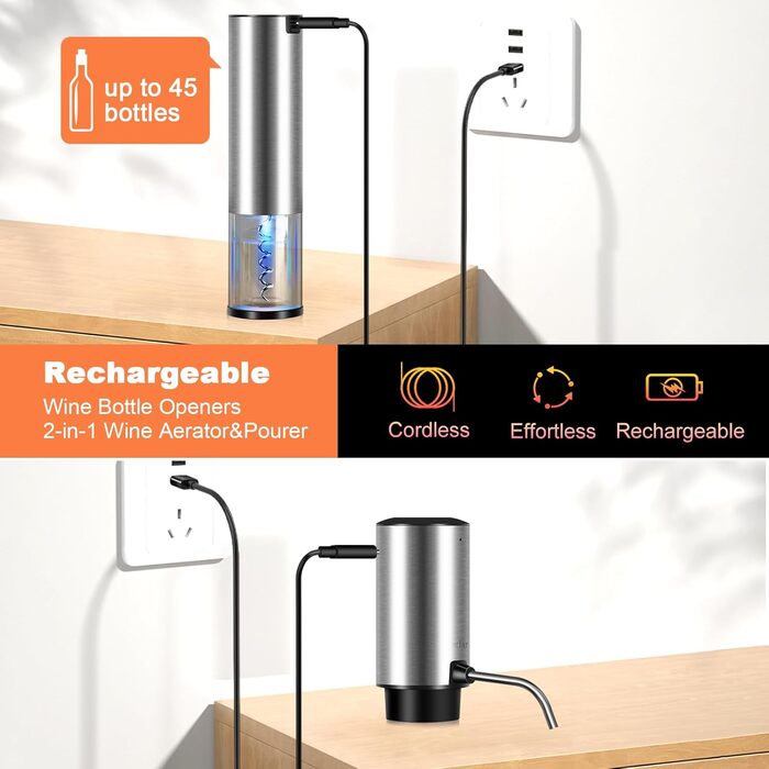 Electric Wine Opener 4-in-1 Set with Automatic Wine Decanter & Wine Opener USB-C Rechargeable, Vacuum Stoppers, Foil Cutters, Gift Box for Wine Lovers
