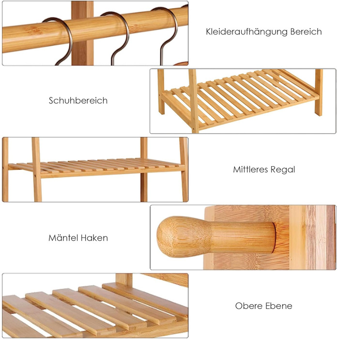 FOREHILL Clothes Rack with Shelves Coat Rack Bamboo Clothes Rail with Anti-Tip Device for Clothes Shoe Shelf Bags 164x70x42cm