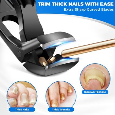 Кусачки для нігтів для літніх людей з широкими щелепами та довгою ручкою, кусачки для кутикули з кутовою головкою, з контейнером для збору обрізків, подарунок для чоловіків та жінок, чорні