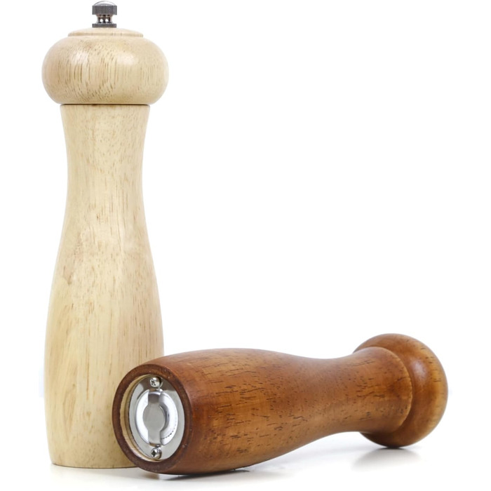 Дерев'яні соляні та перечні млини, 20 см, регульована ступінь помелу, ручні, з дуба, для кухні - набір 2 шт.