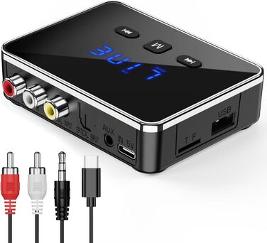 OQIMAX Bluetooth 5.4 Передавач/Приймач: 3-в-1 Bluetooth адаптер з AUX/RCA/Оптичним виходом, підтримка TF-картки та USB, для TV, стереосистеми, низька затримка, чорний