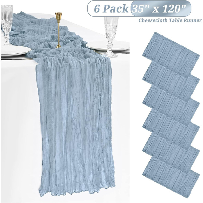 Showgeous 6-Piece Cheesecloth Table Runner Dusty Blue, 90 x 300 cm Table Runner Boho Style Rustic Gauze Fabric Table Decoration for Vintage Wedding, Birthdays, Baby Shower, Holiday Party