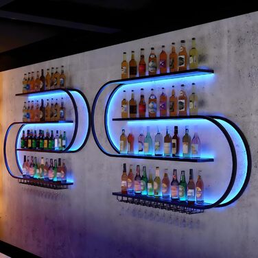 Настінна вітрина для вина, напівкругла багатоярусна з тримачами для келихів, металева, для кухні, бару, кафе (без лампочок) (Чорний, 150 * 20 * 120 см)