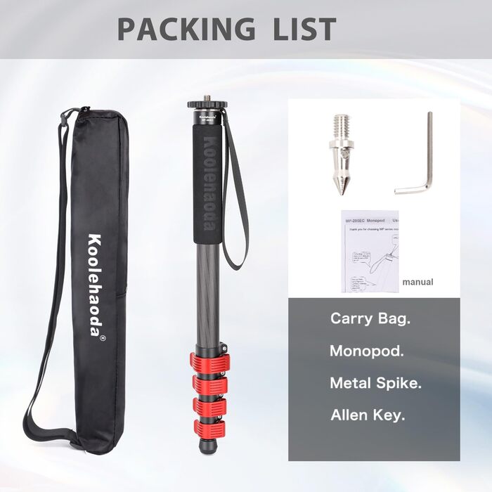Монопод Koolehaoda MP-285EC для камери: карбонове одноноге штатив, 166 см, 6 секцій, вантажопідйомність 10 кг