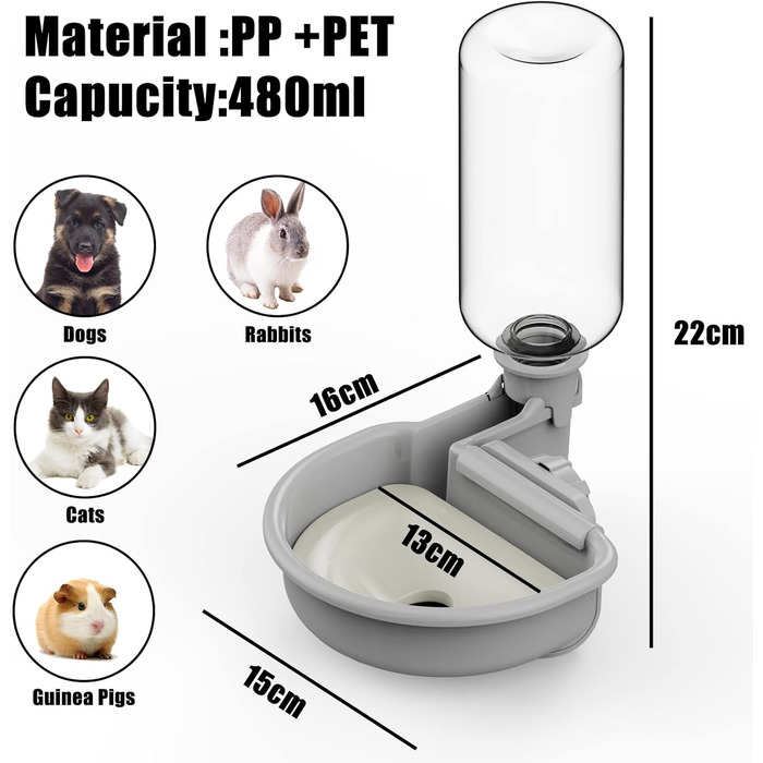 Автоматична поїлка для собак у клітку, 480мл, антиперелив, фонтанчик для собак, котів та кроликів (сірий)