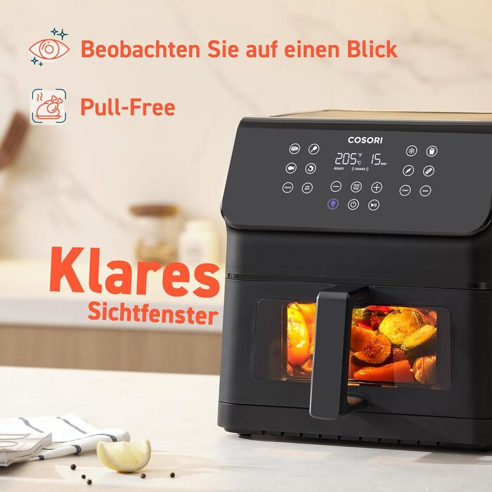 COSORI Air Fryer, 12-in-1 XXL Air Fryer 6.2L, Hot Air Fryer with Viewing Window & Shake Reminder, 80 Recipes, 55 Percent Energy Saving, Dishwasher-Safe Baskets Black Clear Blaze