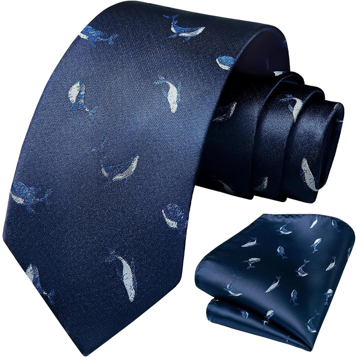HISDERN Комплект краватки та нагрудного хустинки для чоловіків з принтом тварин (Marineblau/Walfisch)