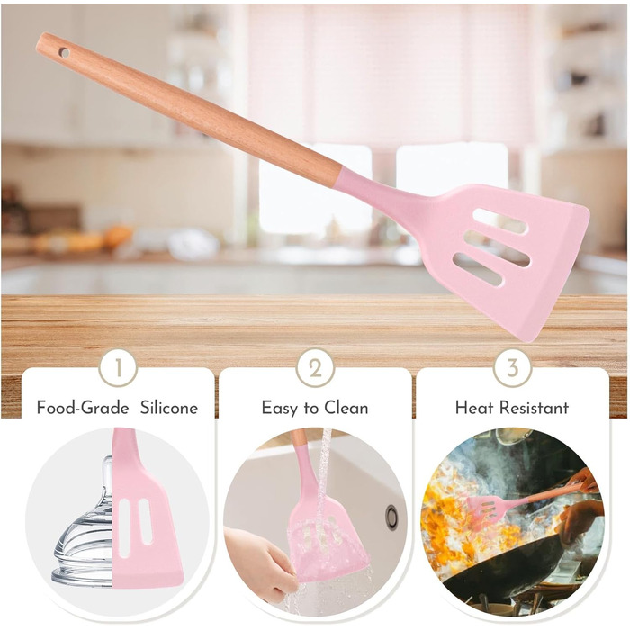 Набір кухонних аксесуарів Howephofly: 23 штуки з силікону, антипригарні, з дерев'яними ручками, включає гачки, рожевий колір