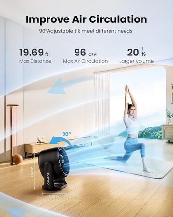 Настільний вентилятор Gaiatop з сенсорним керуванням, акумулятор 4000 мАг, 5 швидкостей, тихий міні-вентилятор з LED-дисплеєм, кут нахилу 90°, заряджається через USB-C, для офісу, спальні, дому, чорний