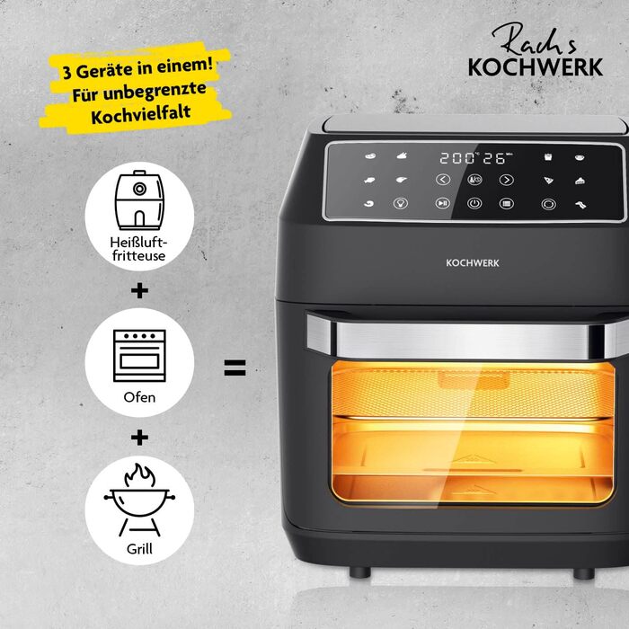 Цифрова аерофритюрниця Rachs KOCHWERK 12 л з комплектом аксесуарів XXL, духовка, гриль, фритюрниця з оглядовим вікном і сенсорним екраном, без масла, 10 програм, таймер, чорна