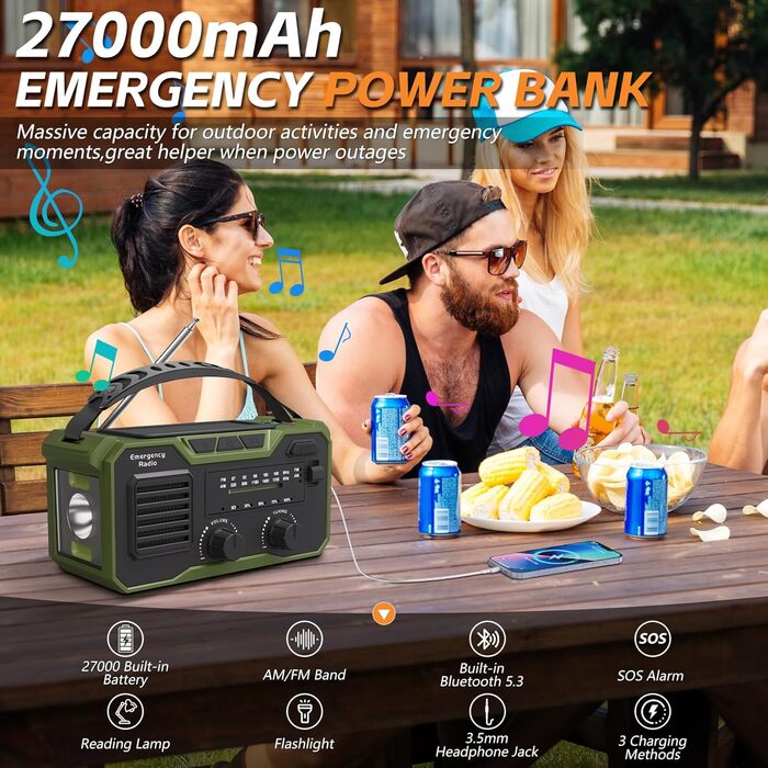 Радіоприймач Kurbelradio 27000mAh з ручним генератором, сонячною панеллю, Bluetooth 5.3, SOS-сигналом, компасом та ліхтариком. Радіо для надзвичайних ситуацій, виживання та підготовки до стихійних лих (зелене)