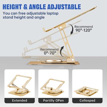 Adjustable Laptop Stand for Desk - 360° Rotating Base, Foldable & Portable - Fits 10-17 Inch Laptops (Gold)