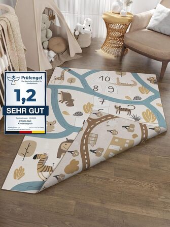 pourlea® Дитячий килимок для кімнати, двосторонній, 140x200 см, бежевий, ігровий килим Safari та автодороги, сертифікат ÖkoTex, для хлопчиків і дівчаток