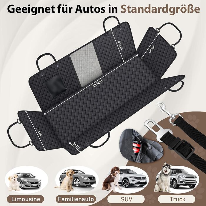 Захист для заднього сидіння автомобіля Angooni для собак - водовідштовхуючий, антиковзаючий, стійкий до подряпин (135x120 см) з Isofix для дитячого крісла, універсальний