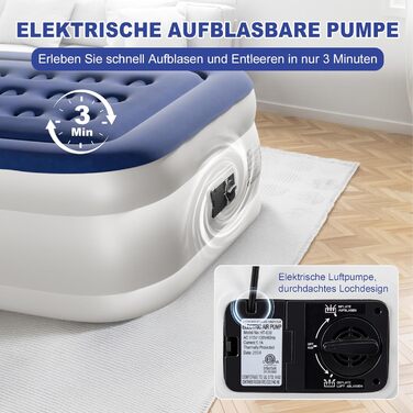 Надувний матрац LEADZM для 2 осіб з електронасосом, 203x152x46 см, сірий (синьо-білий). Флок + PVC, до 295 кг