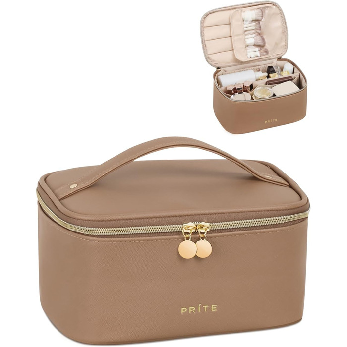 Велика косметичка для жінок, дорожня туалетна сумочка з водонепроникної шкіри, велика косметичка або сумочка для макіяжу з ручкою та знімним роздільником (коричнева)