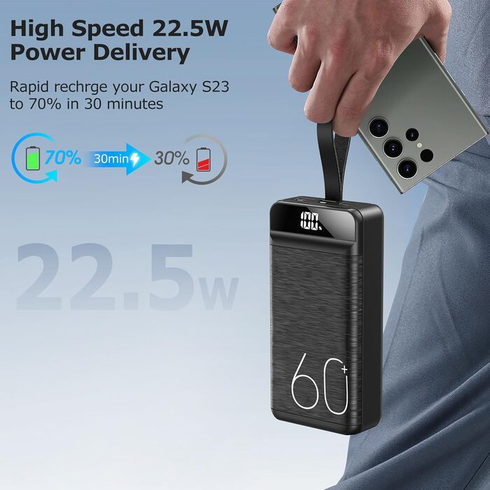 Power Bank 60000mAh 22,5W з LED-дисплеєм: Швидка зарядка USB-C, 4 виходи, 3 входи для більшості пристроїв