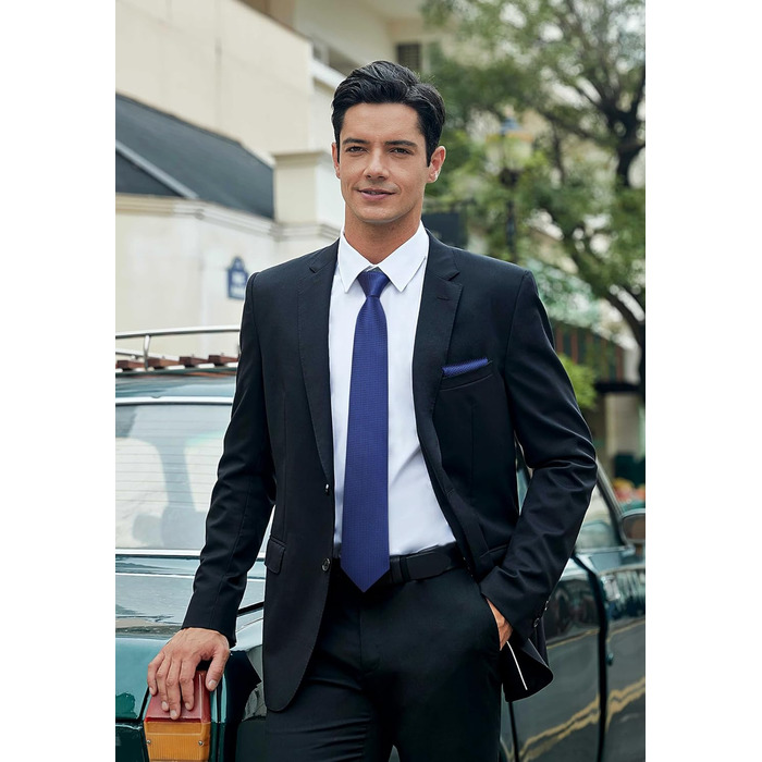 HISDERN Комплект краватки та нагрудного хустинки для чоловіків: синьо-морська в клітинку, елегантний, класичний