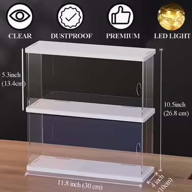 Joody Vitrine made of acrylic, Plexiglas boxes with 2 tiers, display case with door for Pop figures, minifigures, collectible toys, display storage organizer, dustproof with 2 shelves (Extended) – Original wood color (Two-layer, White)