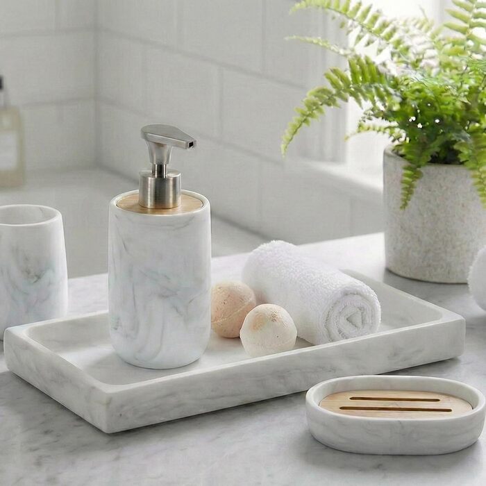 Набір для ванної кімнати 4 предмети з піддоном - дозатор для мила (цинковий сплав), стакан для зубних щіток, мильничка та поличка - мармуровий малюнок, бамбук - сучасний органайзер Marble