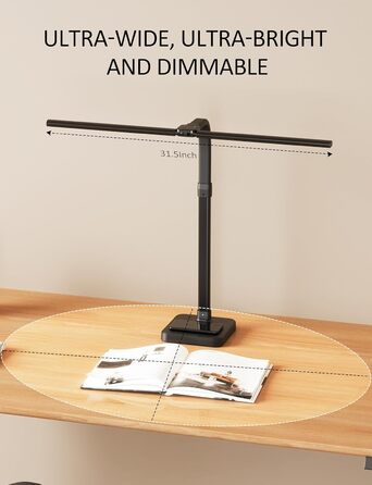 Tantu Adjustable LED Desk Lamp with Dual Heads - 24W, 80cm, 5 Color & 5 Brightness Levels, Gooseneck & Base - Black Office Lamp
