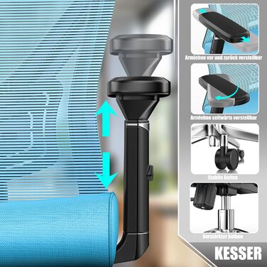 Крісло офісне KESSER® ергономічне з регульованими підлокітниками, поворотне з підтримкою попереку, з підголівником, функція гойдання до 125° та 5 роликів, блакитне/сріблясте