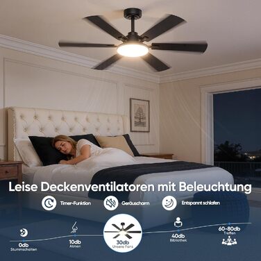 Стеляний вентилятор з підсвіткою 132см, 6 лопатей, з пультом керування, тихий DC-двигун, 6 швидкостей, 3CCT, регульоване LED-підсвітлення, двосторонні лопаті для спальні/вітальні