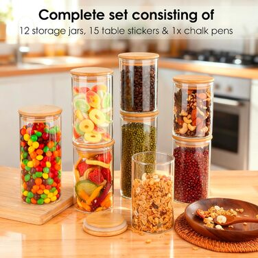 Набір скляних банок для зберігання з кришками (12 шт.) - 4x400мл, 7x500мл, 7x700мл. Скляні контейнери для кухні з дерев'яними кришками.