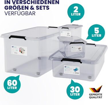 Deuba® Storage Boxes 6 x 60L with Lid and Wheels, Stackable, Transparent BPA-Free Plastic, Click Closure, RB60 for Office, Garage, Laundry Room