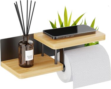 Тримач туалетного паперу Hovea з 2 полицями - настінний, без свердління, метал та дерево, чорний & бамбук