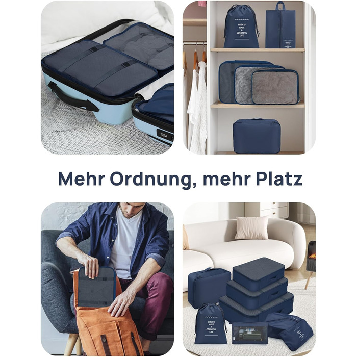 Органайзери для валізи Packing Cubes, 8 шт., водонепроникні, блакитні + косметичка