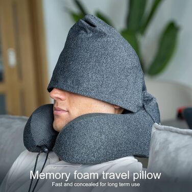 Подушка для шиї Eono з Memory Foam, з капюшоном, сірого кольору. Зручна подушка-вишийна для подорожей (літак, авто, поїзд, офіс, сон)