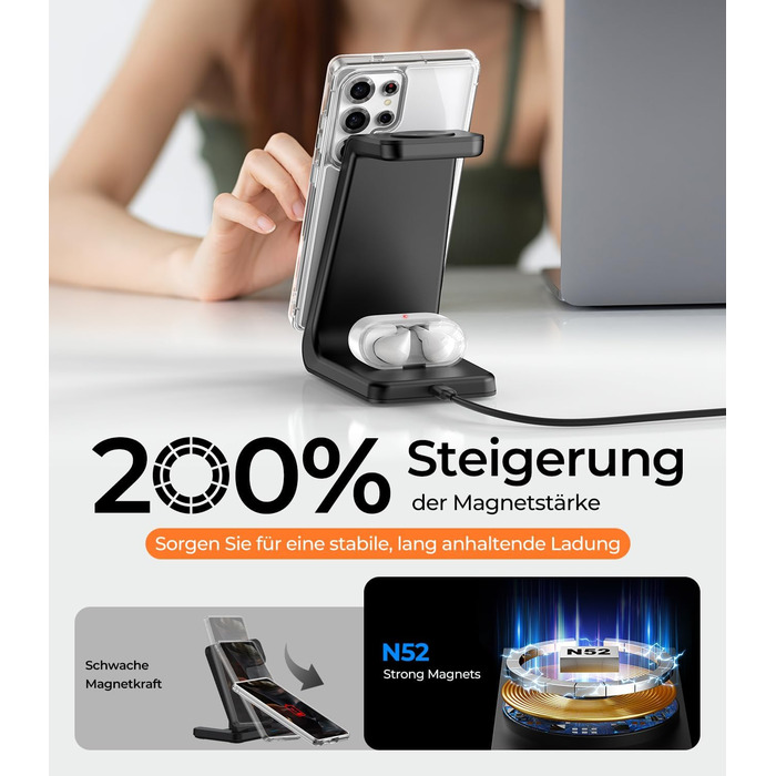 Магнітна зарядка 3-в-1 для Samsung Galaxy: швидка бездротова зарядка Mag-Safe для S25 Ultra/S24/S23, Z Fold/Flip, Galaxy Watch Ultra/7/6 та Galaxy Buds Pro (чорний)