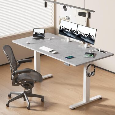 Devoko Adjustable Standing Desk, Electric Standing Desk with Wireless Charger, Memory Control, 3 USB Ports, 360° Swivel Wheels (Gray & White, 140 x 70 cm)