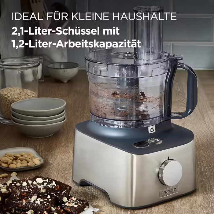 Kenwood MultiPro Compact+ FDM316SS – Compact food processor, 2.1 Liter capacity, includes stainless steel blade, 3 work discs and 8 additional accessories, integrated scale, metal housing, 800 W, Silver