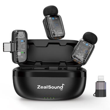 Мікрофон ZealSound M6 бездротовий для iPhone, Android, iPad: USB-C/Lightning, шумозаглушення, 33 години роботи, 100м, для Vlogging, TikTok, Podcast, YouTube, чорний/прозорий