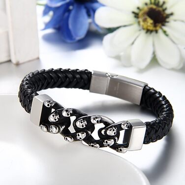 Чоловічий браслет JewelryWe з готичним черепом, демоном, монстром, для байкерів, шкіряний, зі сталі, чорний, сріблястий