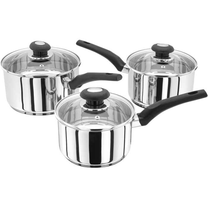 Judge Essentials Stainless Steel Cookware Set, 3-Piece Pot Set, 16 cm, 18 cm & 20 cm Pots, Glass Lids with Steam Vents, Induction Compatible