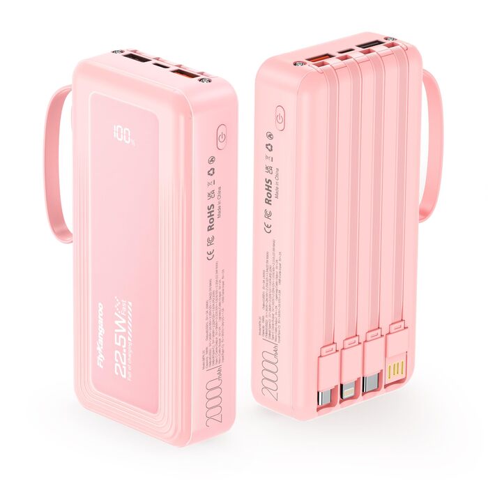 Портативний зарядний Power Bank 20000mAh з LED дисплеєм (2026 Upgrade), рожевий, 6 виходів, 2 входи, 22,5W